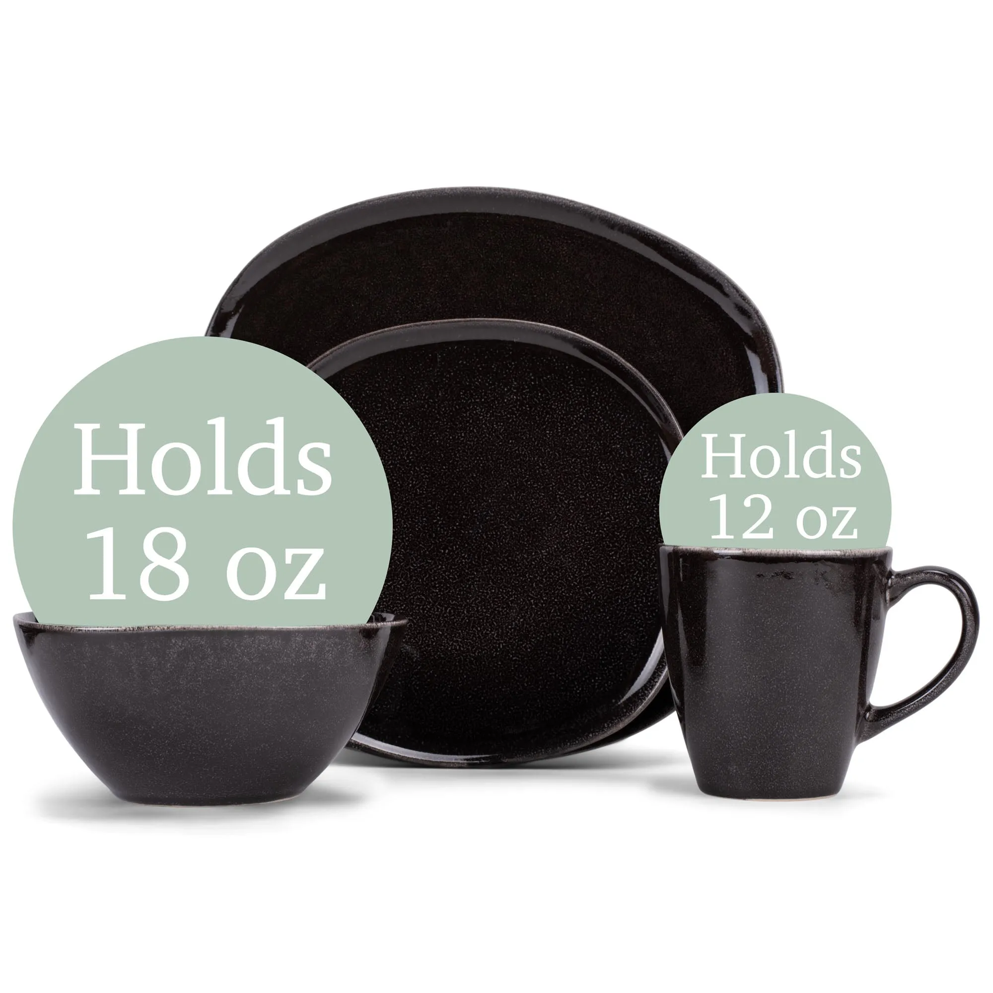 Elanze Designs Modern Chic Smooth Ceramic Stoneware Dinnerware 16 Piece Set - Service for 4, Black