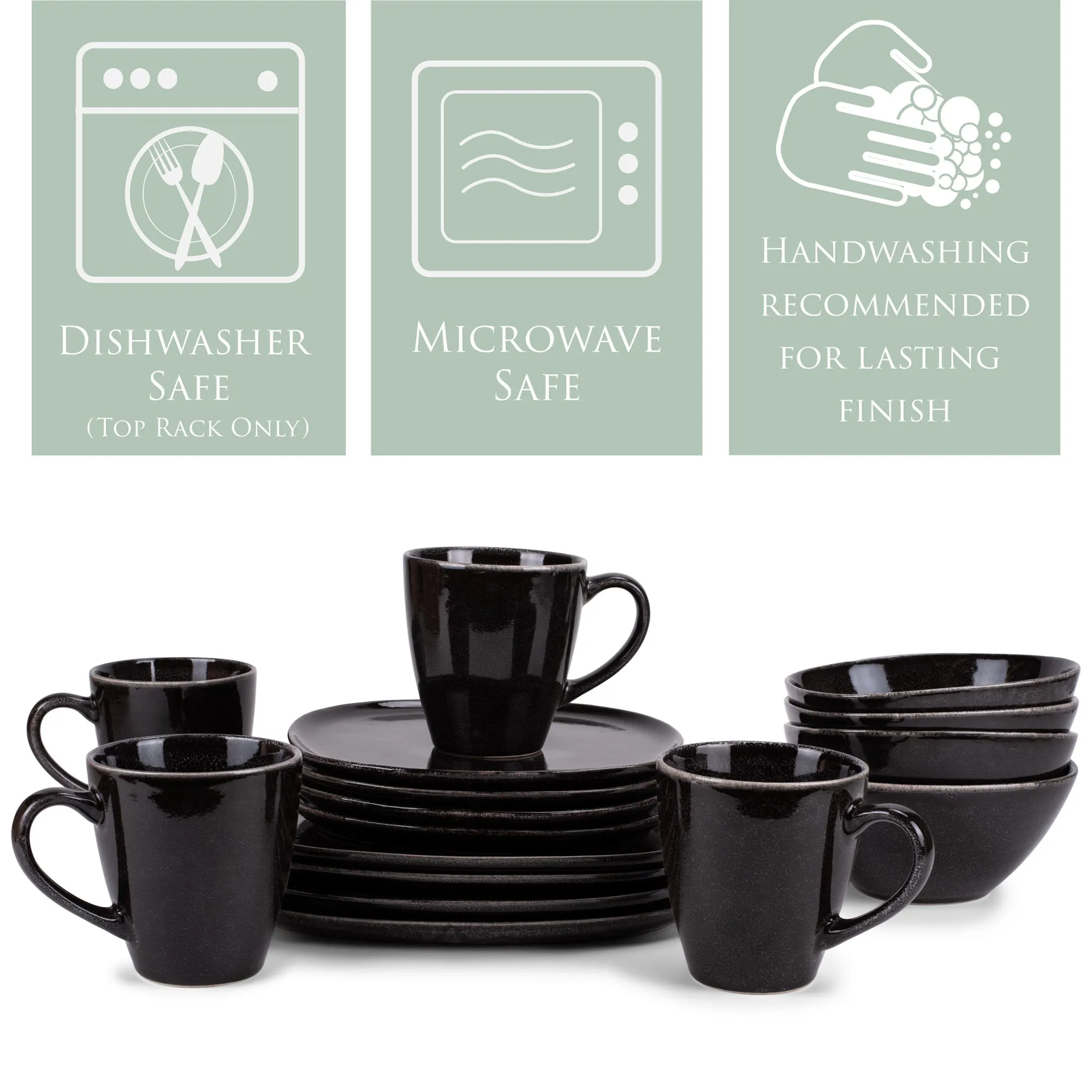 Elanze Designs Modern Chic Smooth Ceramic Stoneware Dinnerware 16 Piece Set - Service for 4, Black