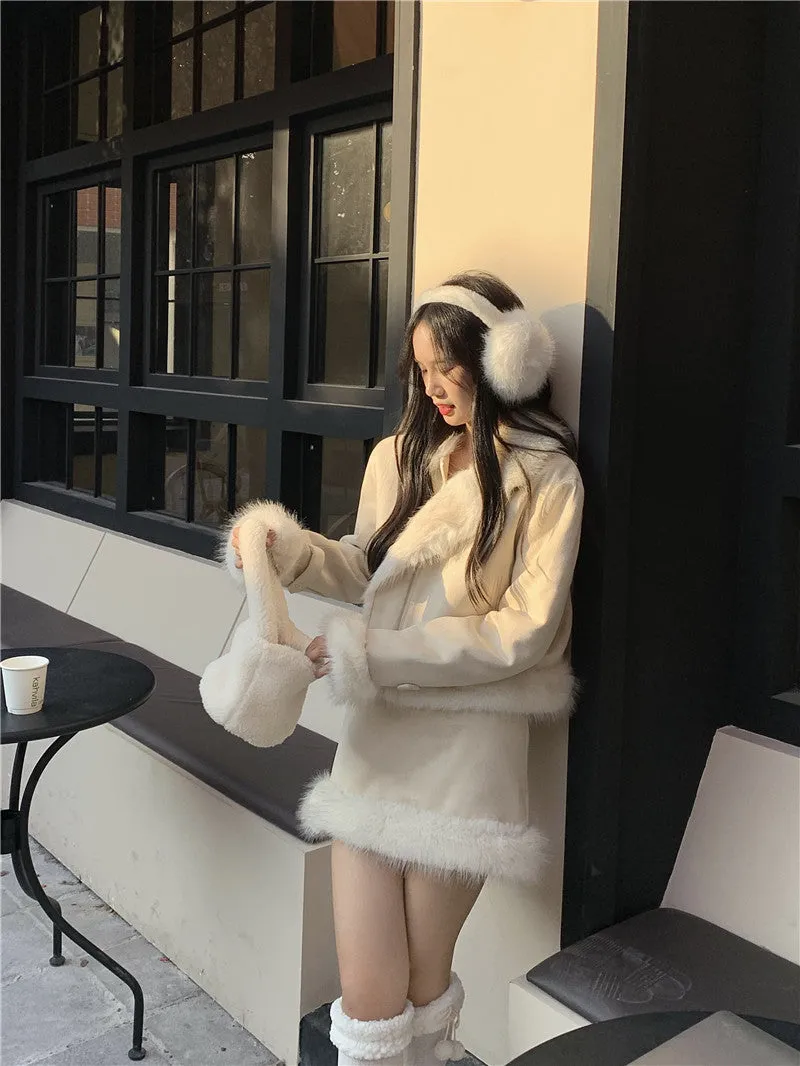 Elegant Chic Cream Fur Winter Jacket & Skirt Two Piece Set