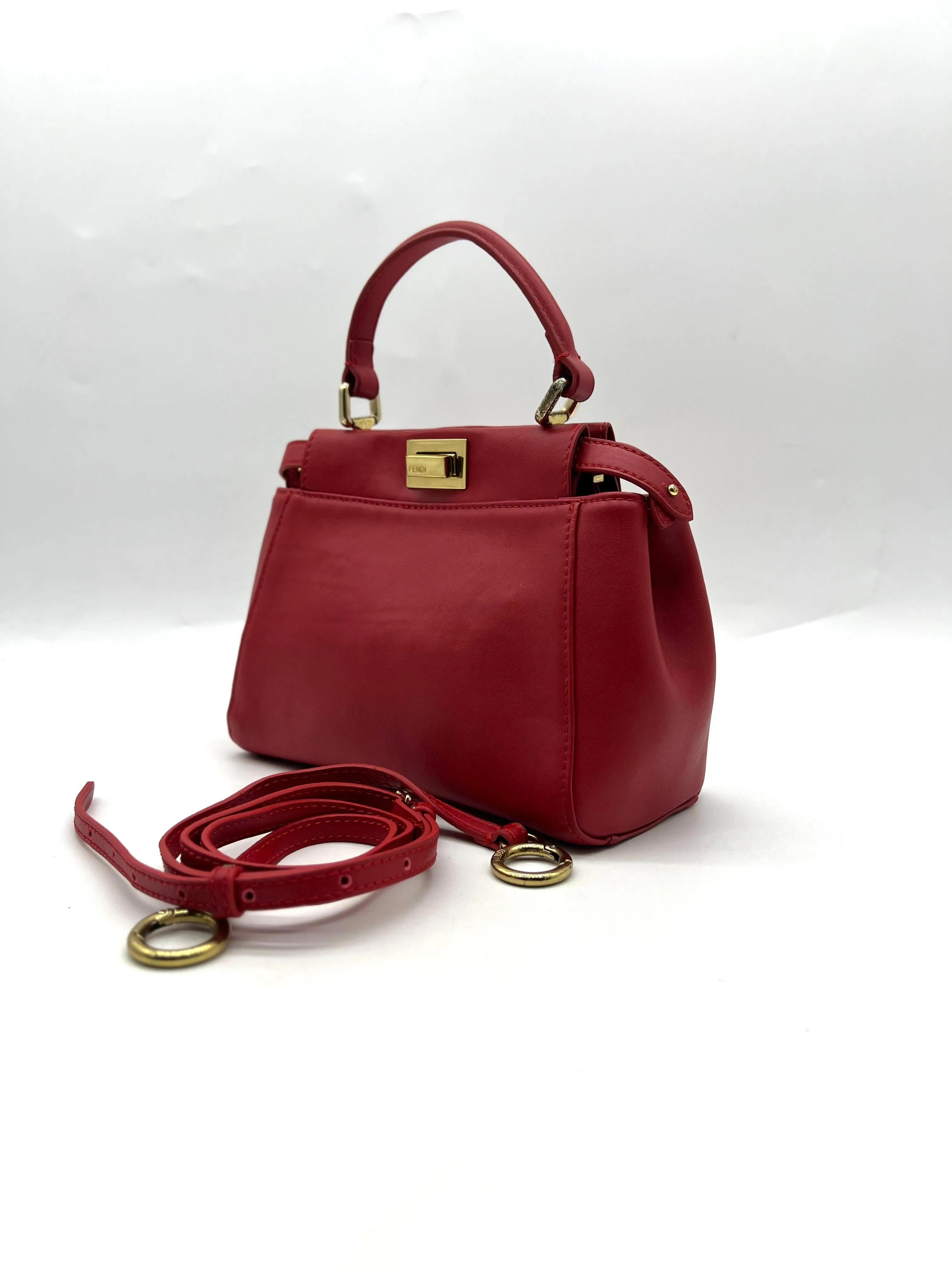 FENDI Peekaboo Handbag Shoulder Bag Red Leather