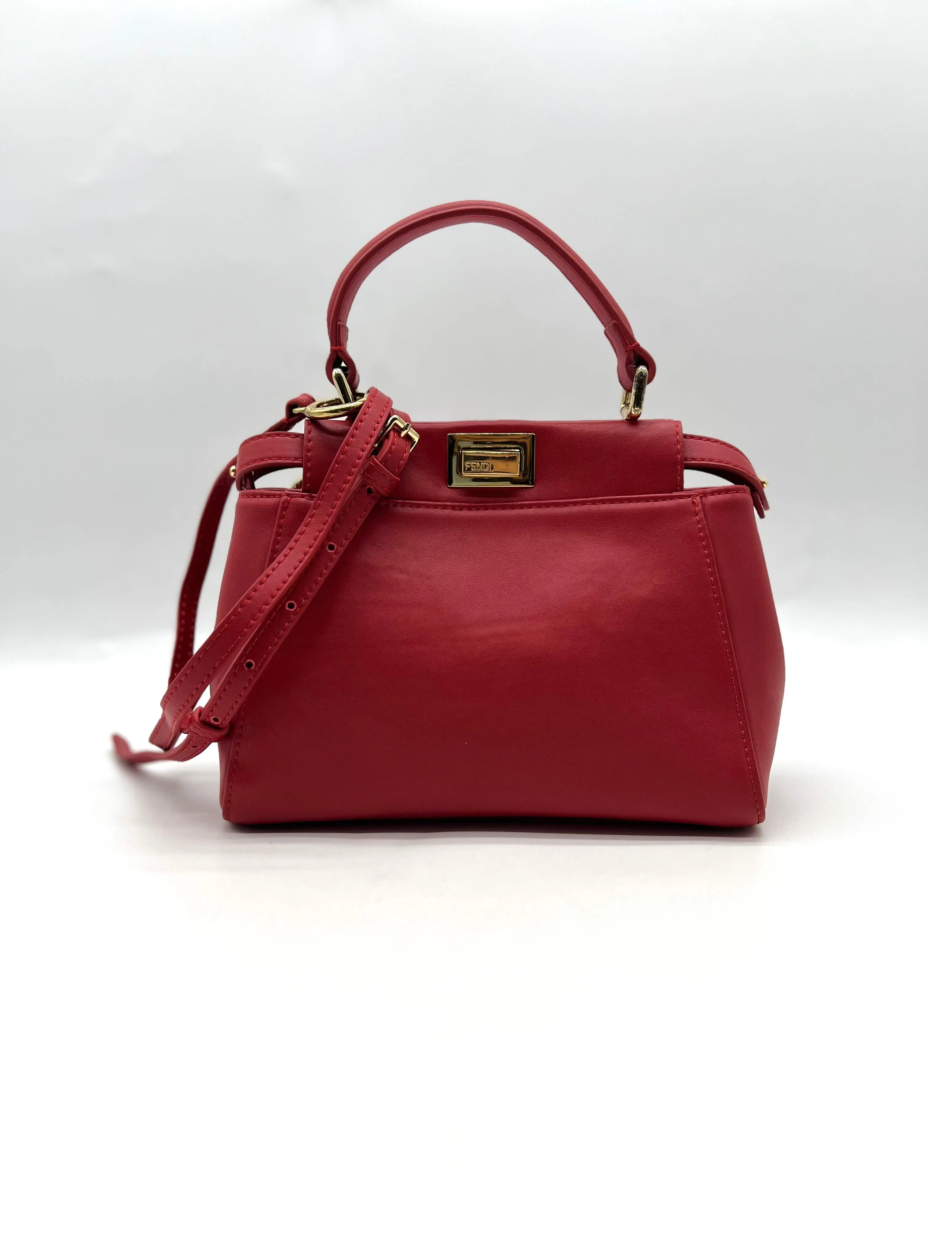 FENDI Peekaboo Handbag Shoulder Bag Red Leather