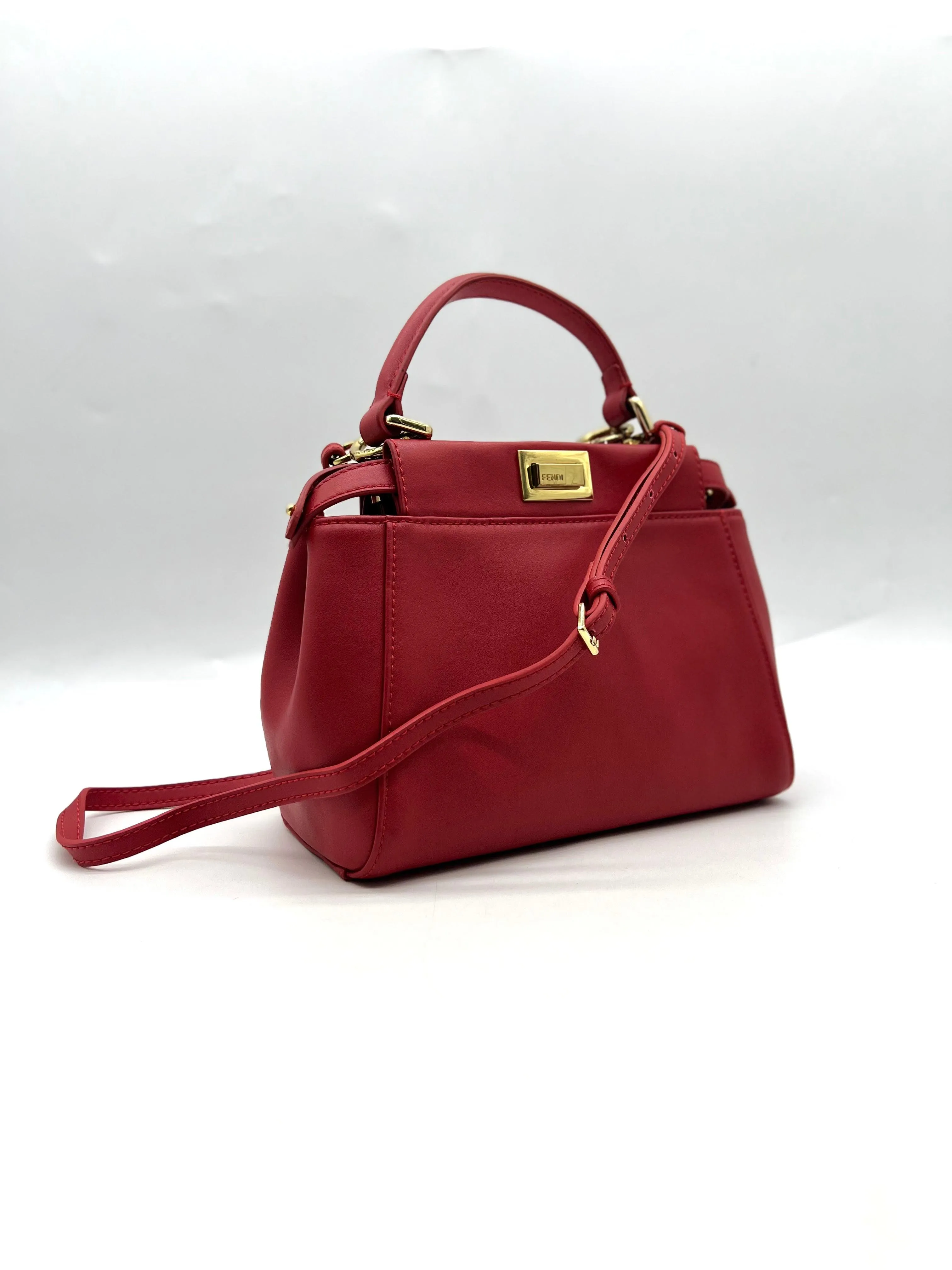 FENDI Peekaboo Handbag Shoulder Bag Red Leather