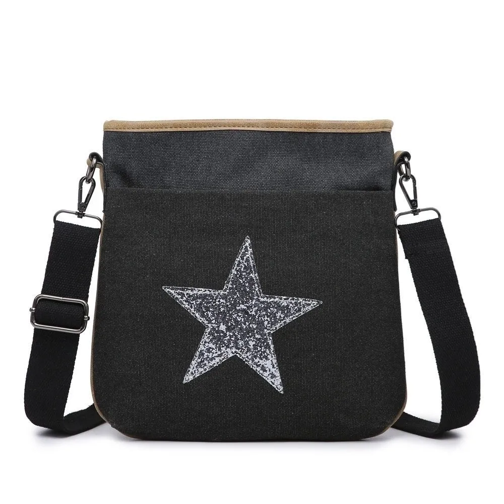 Flat Star Cross Body Messenger Bag - Black