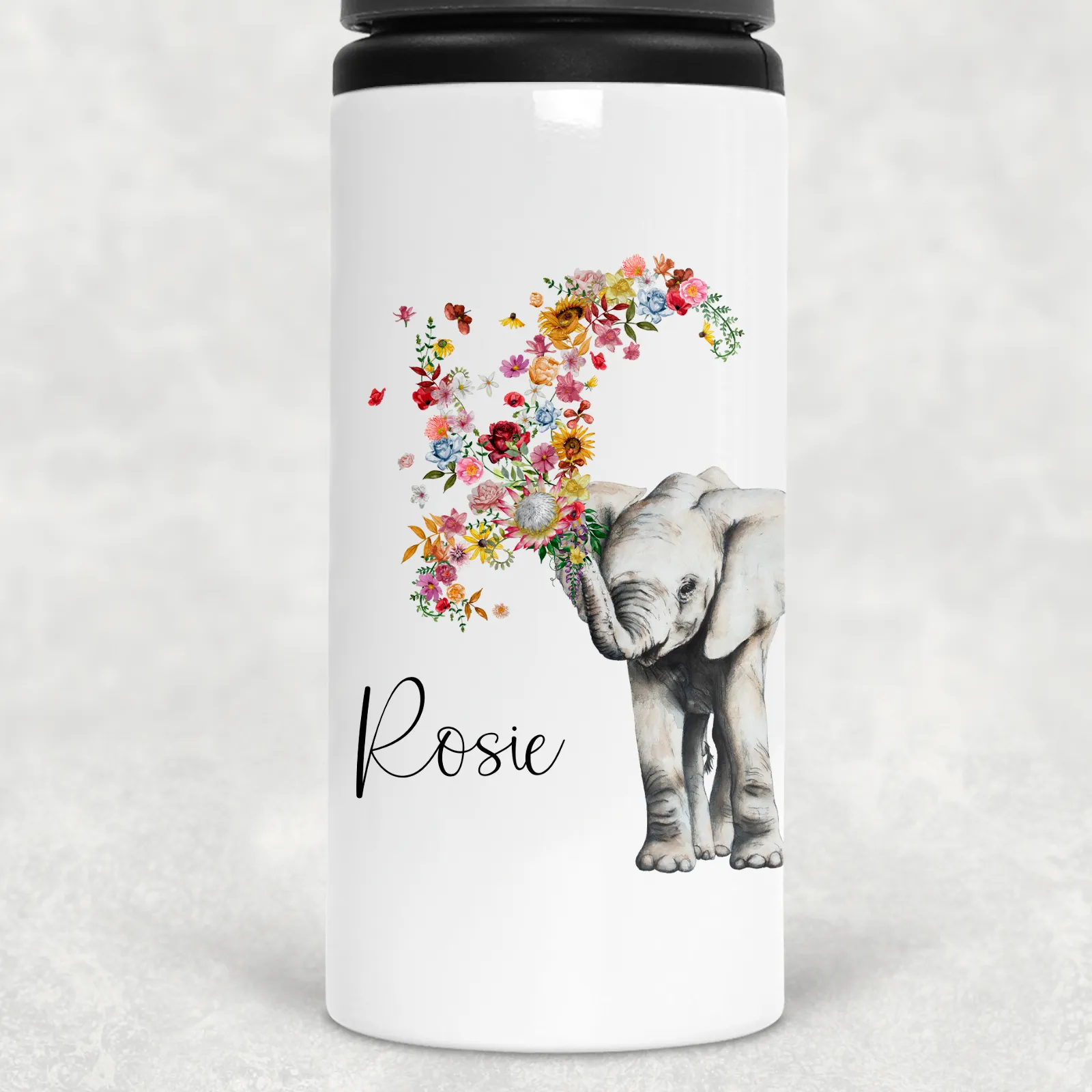 Floral Elephant Personalised Aluminium Straw Water Bottle 650ml