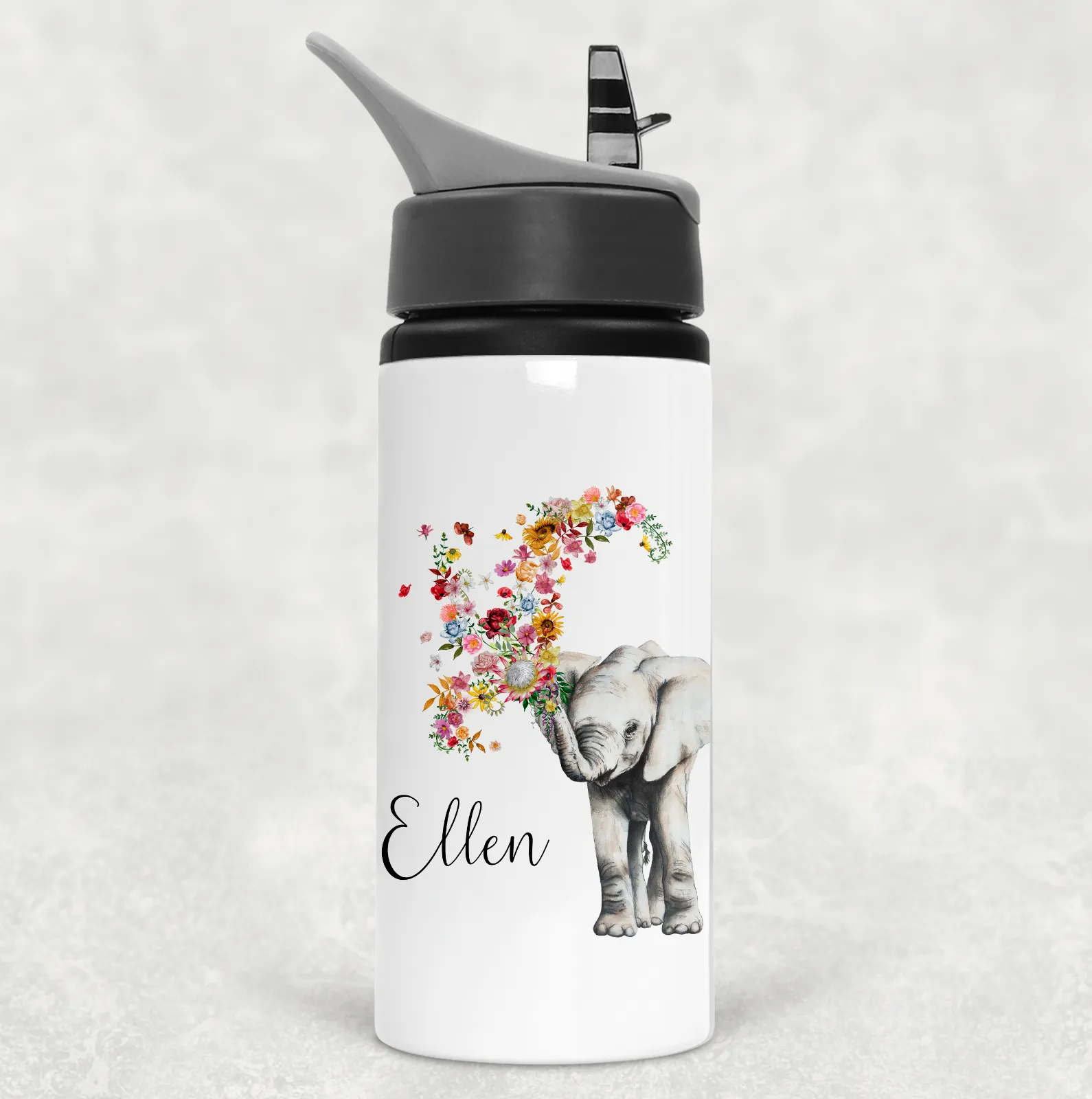 Floral Elephant Personalised Aluminium Straw Water Bottle 650ml