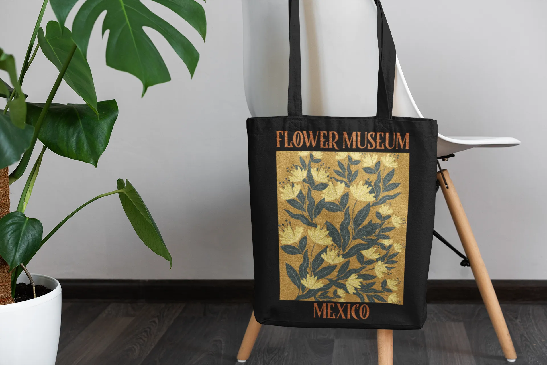 Flower Museum Mexico Printed Black Tote Bag