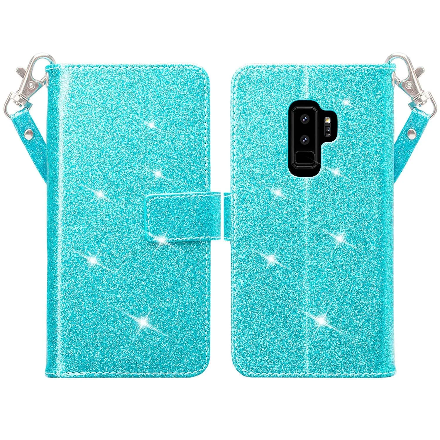 Galaxy S9 Plus Case, Samsung Galaxy S9 Plus Case, Glitter Faux Leather Flip Credit Card Holder Wrist Strap Shockproof Protective Wallet Case Clutch for Samsung Galaxy S9 Plus - Teal