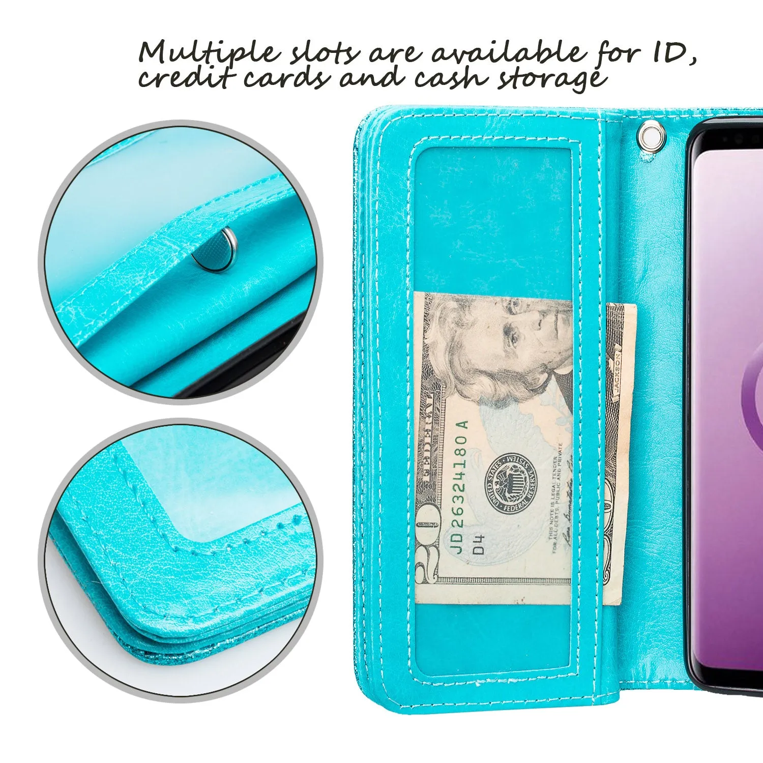 Galaxy S9 Plus Case, Samsung Galaxy S9 Plus Case, Glitter Faux Leather Flip Credit Card Holder Wrist Strap Shockproof Protective Wallet Case Clutch for Samsung Galaxy S9 Plus - Teal