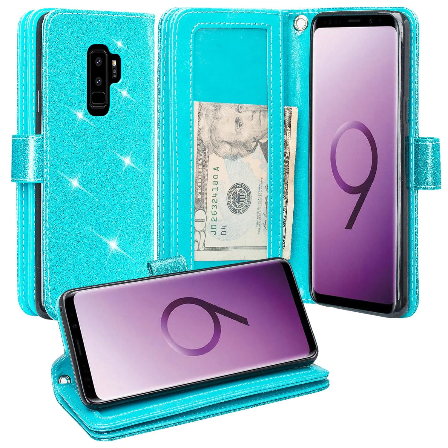 Galaxy S9 Plus Case, Samsung Galaxy S9 Plus Case, Glitter Faux Leather Flip Credit Card Holder Wrist Strap Shockproof Protective Wallet Case Clutch for Samsung Galaxy S9 Plus - Teal