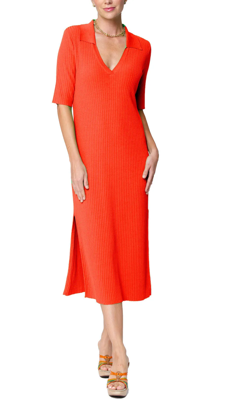 Gillian Rib Knit Midi Polo Dress - Bright Orange