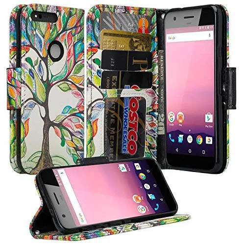 Google Pixel XL Case, Wrist Strap Pu Leather Magnetic Fold[Kickstand] Wallet Case with ID & Card Slots for Google Pixel XL - Colorful Tree