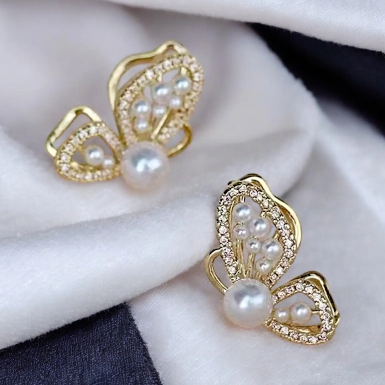 Gorgeous Gold Butterfly Earrings with Pearl Accents