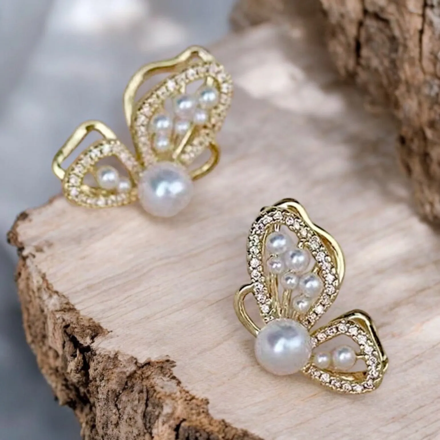 Gorgeous Gold Butterfly Earrings with Pearl Accents