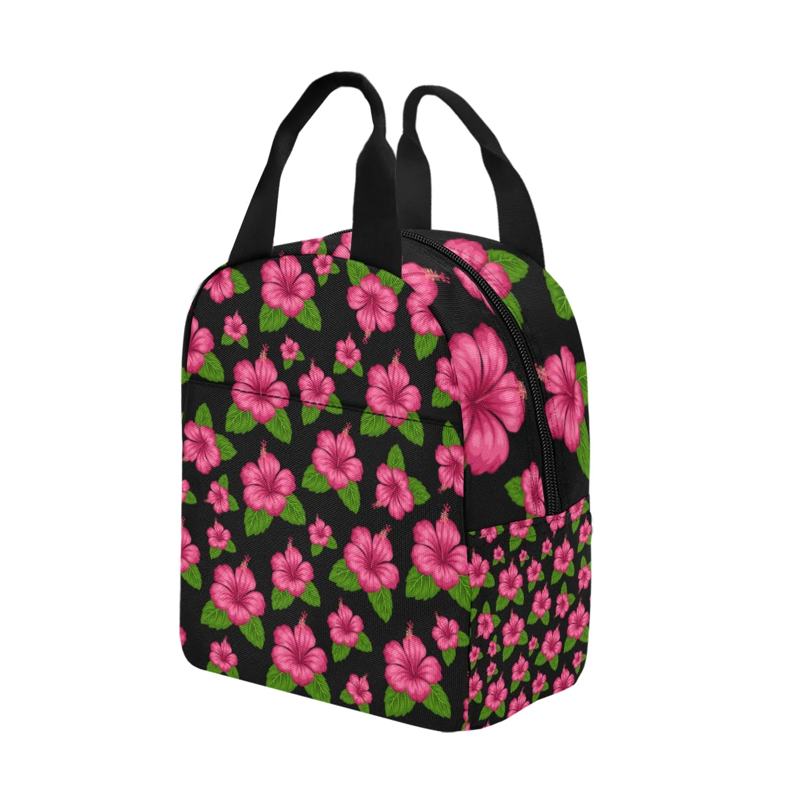 Graphic Pink Hibiscus Black Insulated Zipper Lunch Bag