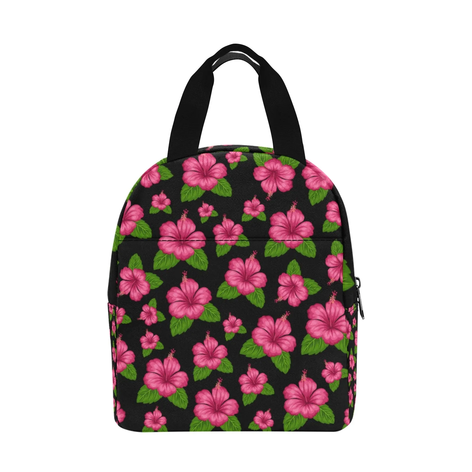 Graphic Pink Hibiscus Black Insulated Zipper Lunch Bag