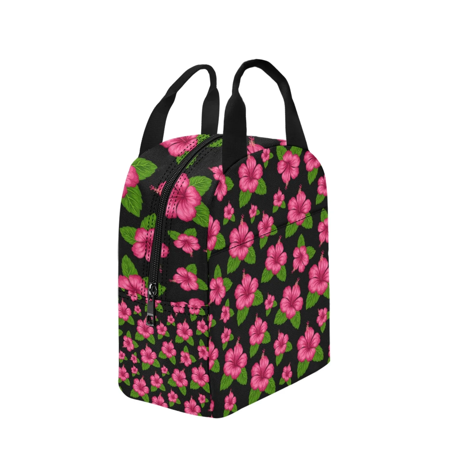 Graphic Pink Hibiscus Black Insulated Zipper Lunch Bag