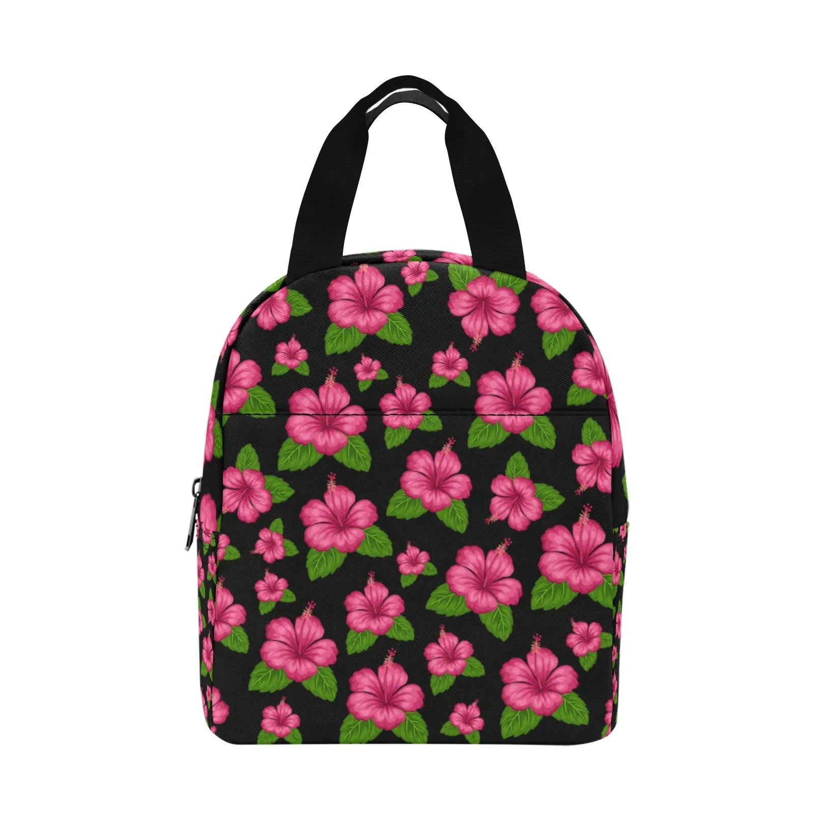 Graphic Pink Hibiscus Black Insulated Zipper Lunch Bag