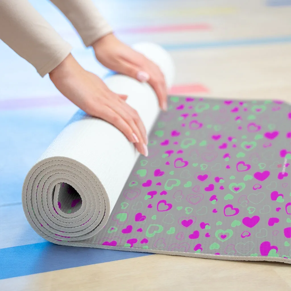 Gray Hearts Foam Yoga Mat, Hearts Pattern Best Lightweight 0.25" thick Mat - Printed in USA (Size: 24″x72")