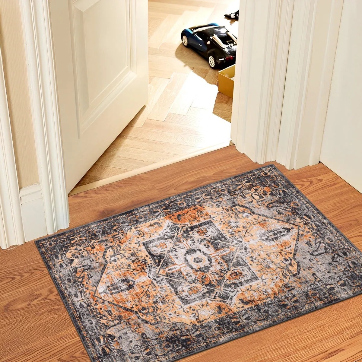 Harriet Traditional Medallion Distressed Orange Area Rug