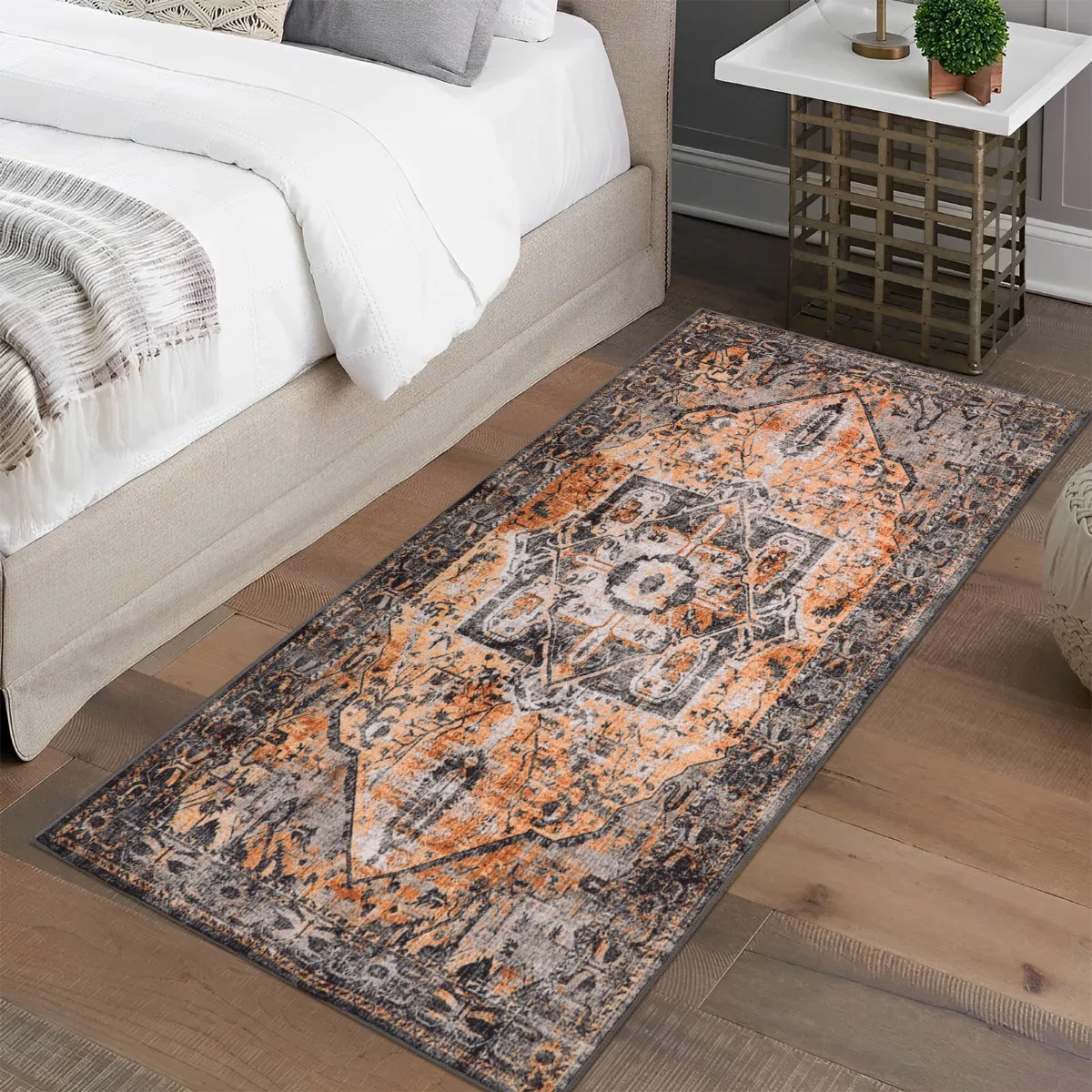 Harriet Traditional Medallion Distressed Orange Area Rug