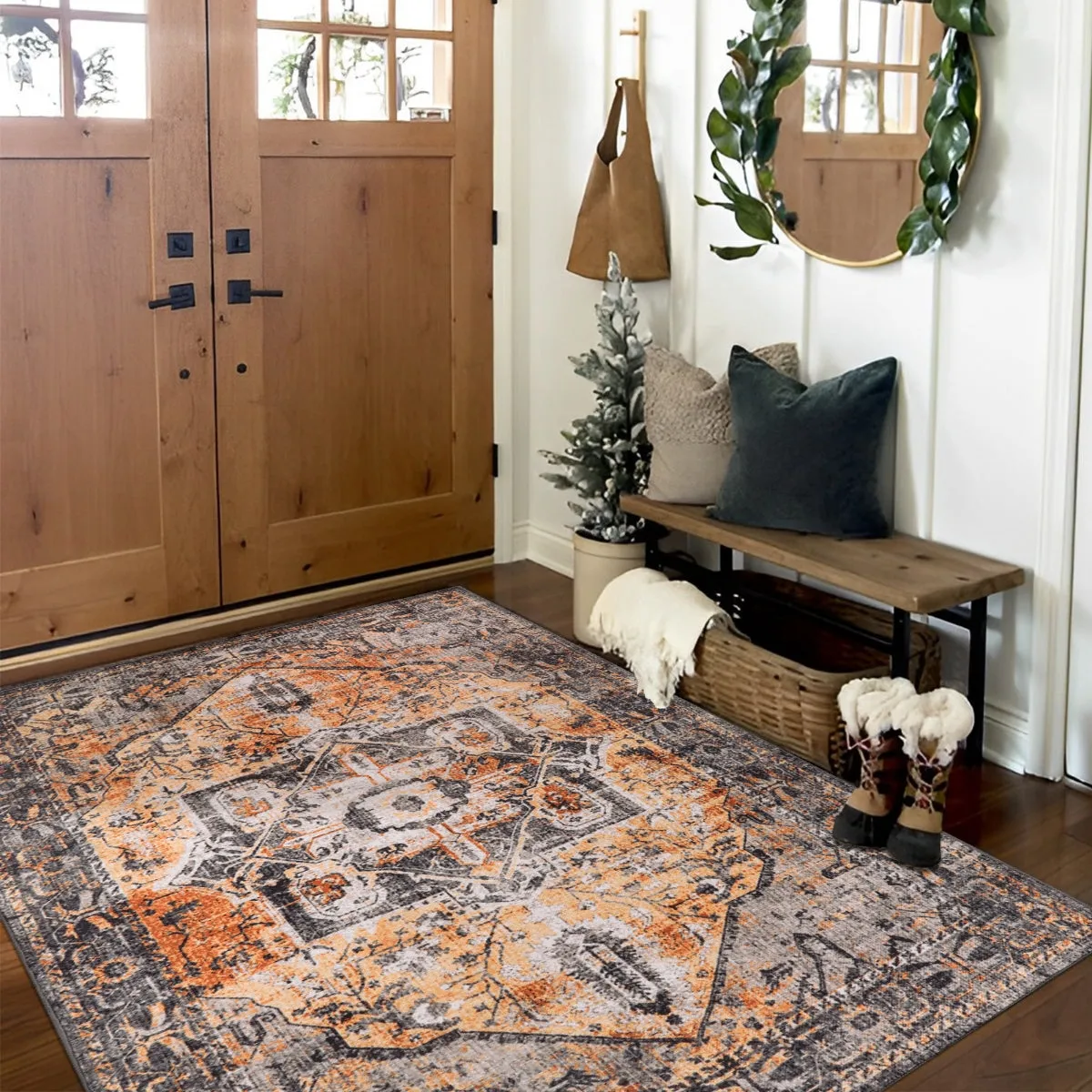 Harriet Traditional Medallion Distressed Orange Area Rug