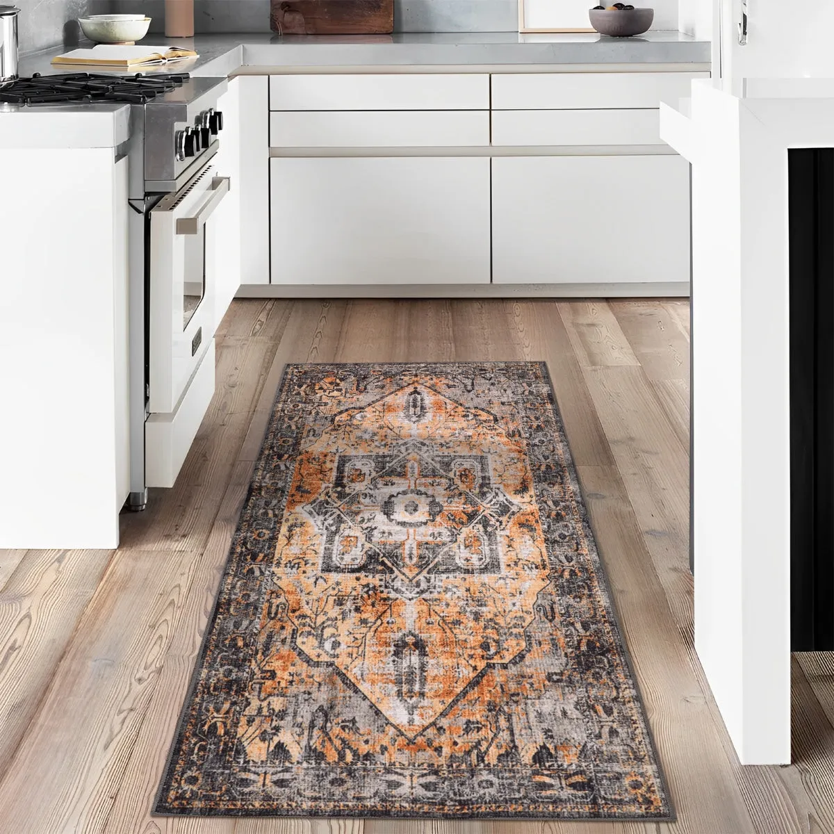 Harriet Traditional Medallion Distressed Orange Area Rug