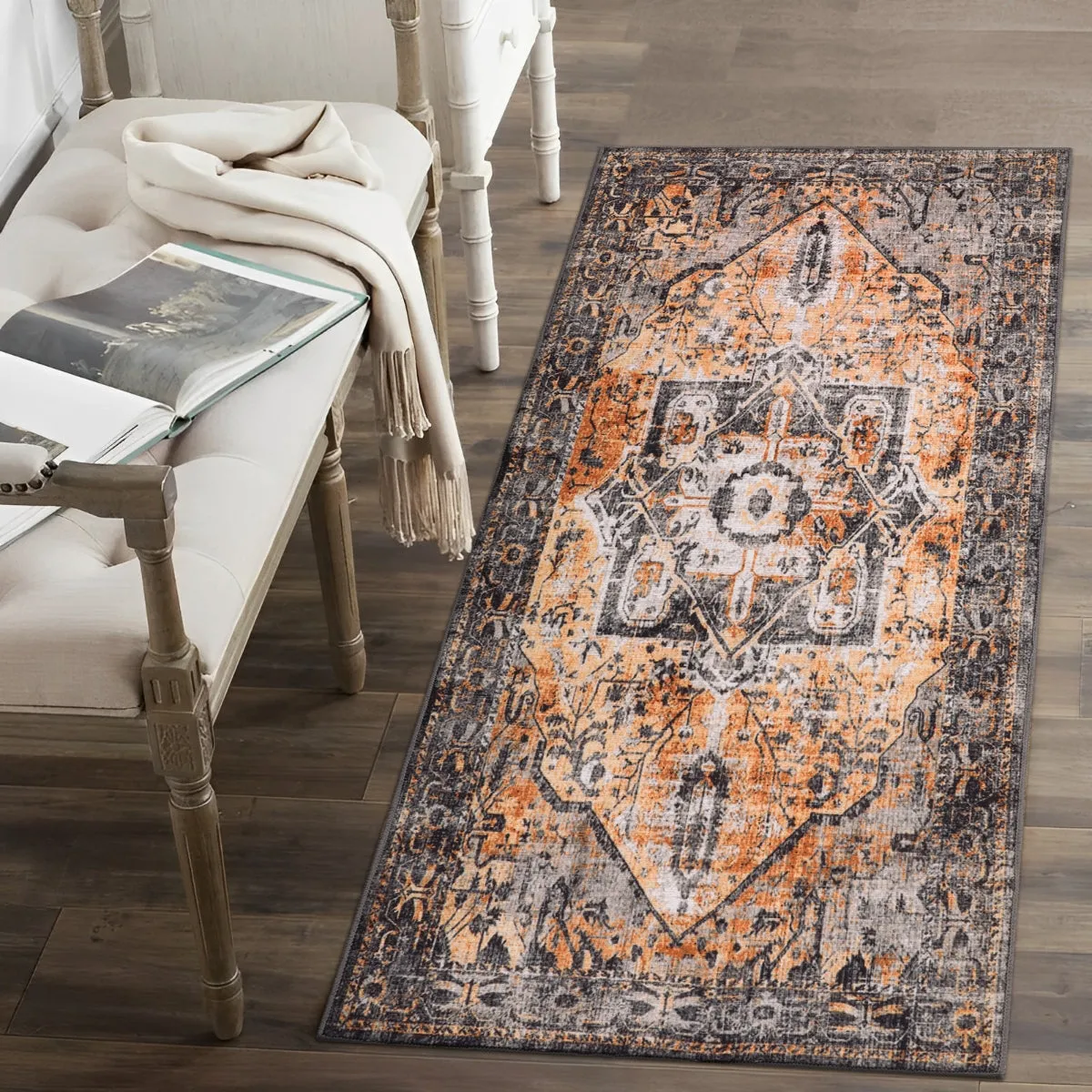 Harriet Traditional Medallion Distressed Orange Area Rug