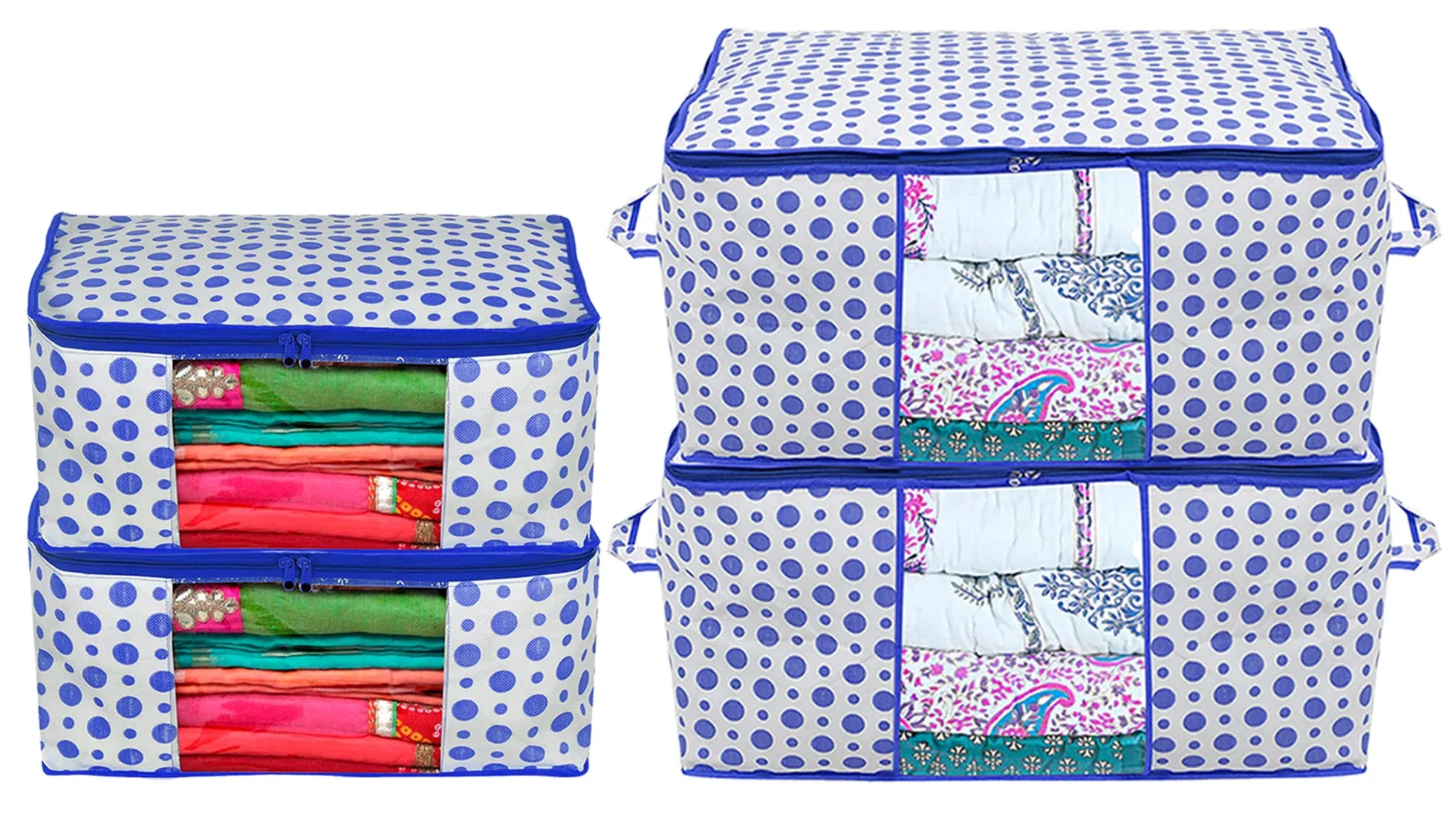 Heart Home Dot Printed Foldable, Lightweight Non-Woven 2 Saree Cover & 2 Underbed Storage Bag Set For Saree, Clothes, Blankets With Tranasparent Window, Set of 4 (Blue)-46HH0618