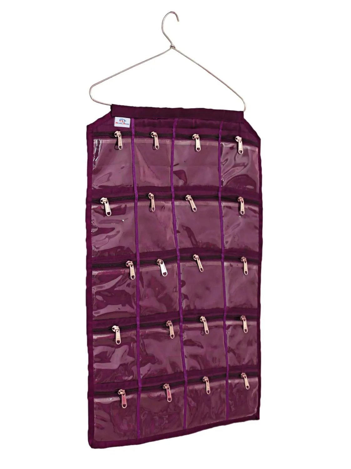 Heart Home Hanging Jewellery Organizer With 20 Zipper Pockets,Women Girl Storage Bag for Earrings Necklace Bracelet Ring Accessory with Hanger(Purple) (F_26_HEARTH016965)