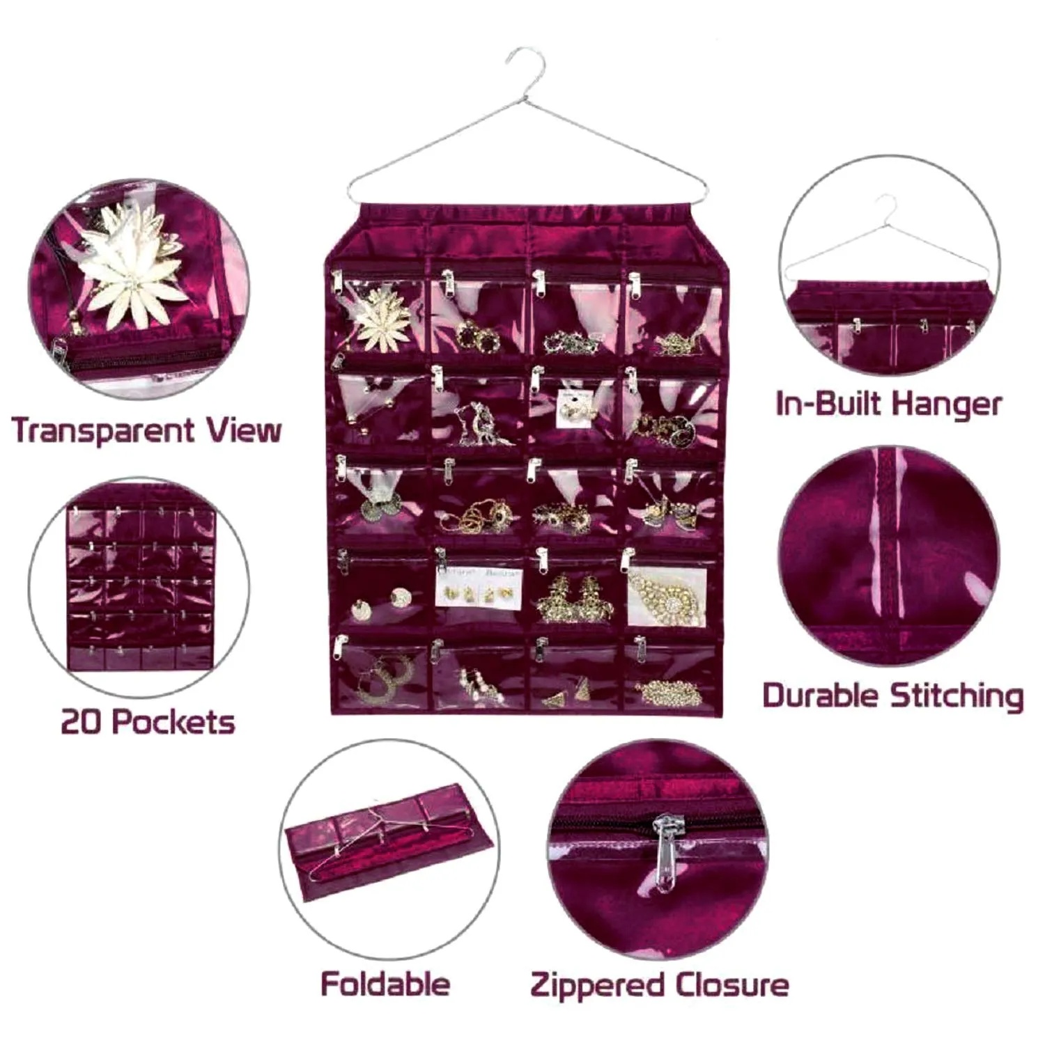 Heart Home Hanging Jewellery Organizer With 20 Zipper Pockets,Women Girl Storage Bag for Earrings Necklace Bracelet Ring Accessory with Hanger(Purple) (F_26_HEARTH016965)