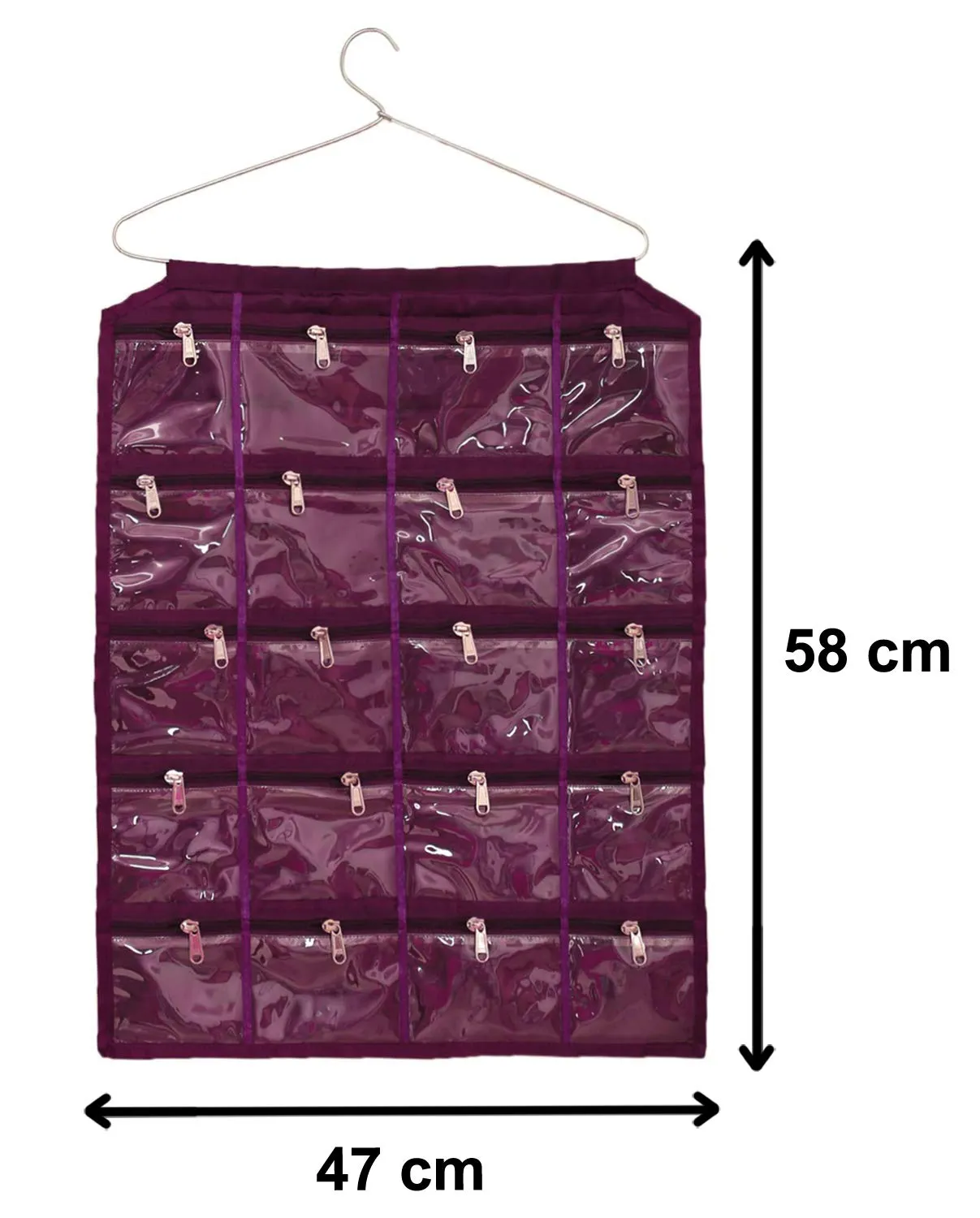 Heart Home Hanging Jewellery Organizer With 20 Zipper Pockets,Women Girl Storage Bag for Earrings Necklace Bracelet Ring Accessory with Hanger(Purple) (F_26_HEARTH016965)