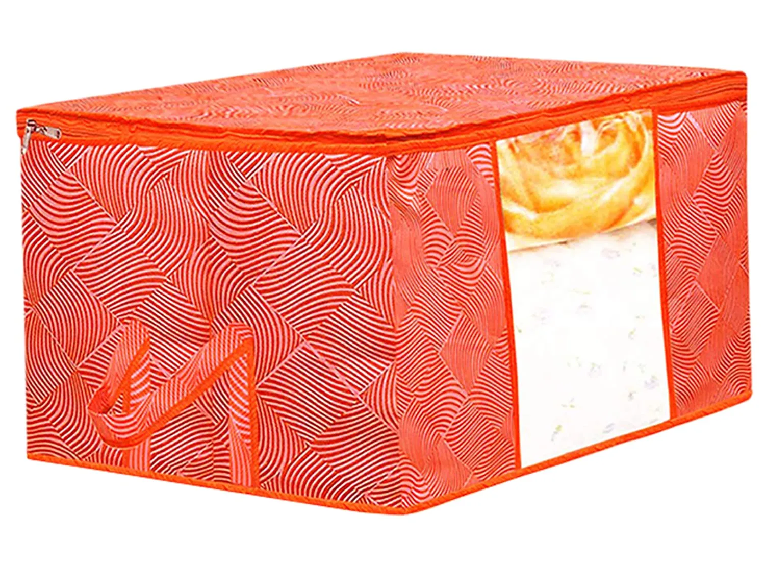 Heart Home Lahariya Design Non-woven Foldable Underbed/Storage Bag/Wardrobe Organizer With Transparent Window- Pack of 12 (Orange)-44HH0507