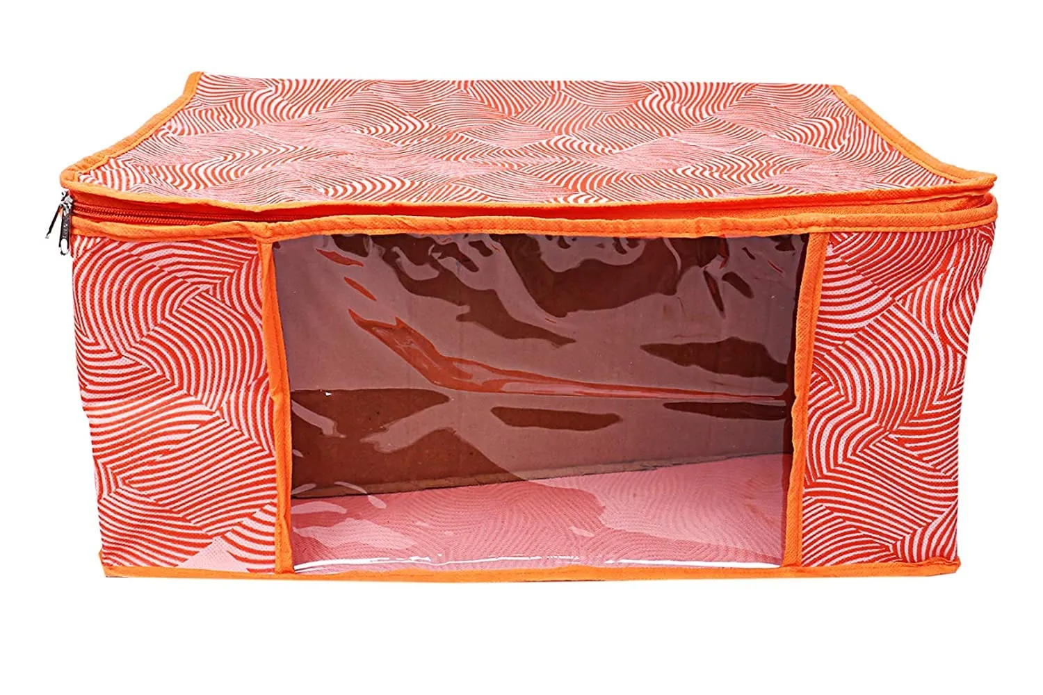 Heart Home Lahariya Design Non-woven Sarees, Clothes Cover/Organizer With Transparent Window- Pack of 6 (Orange)-44HH0380