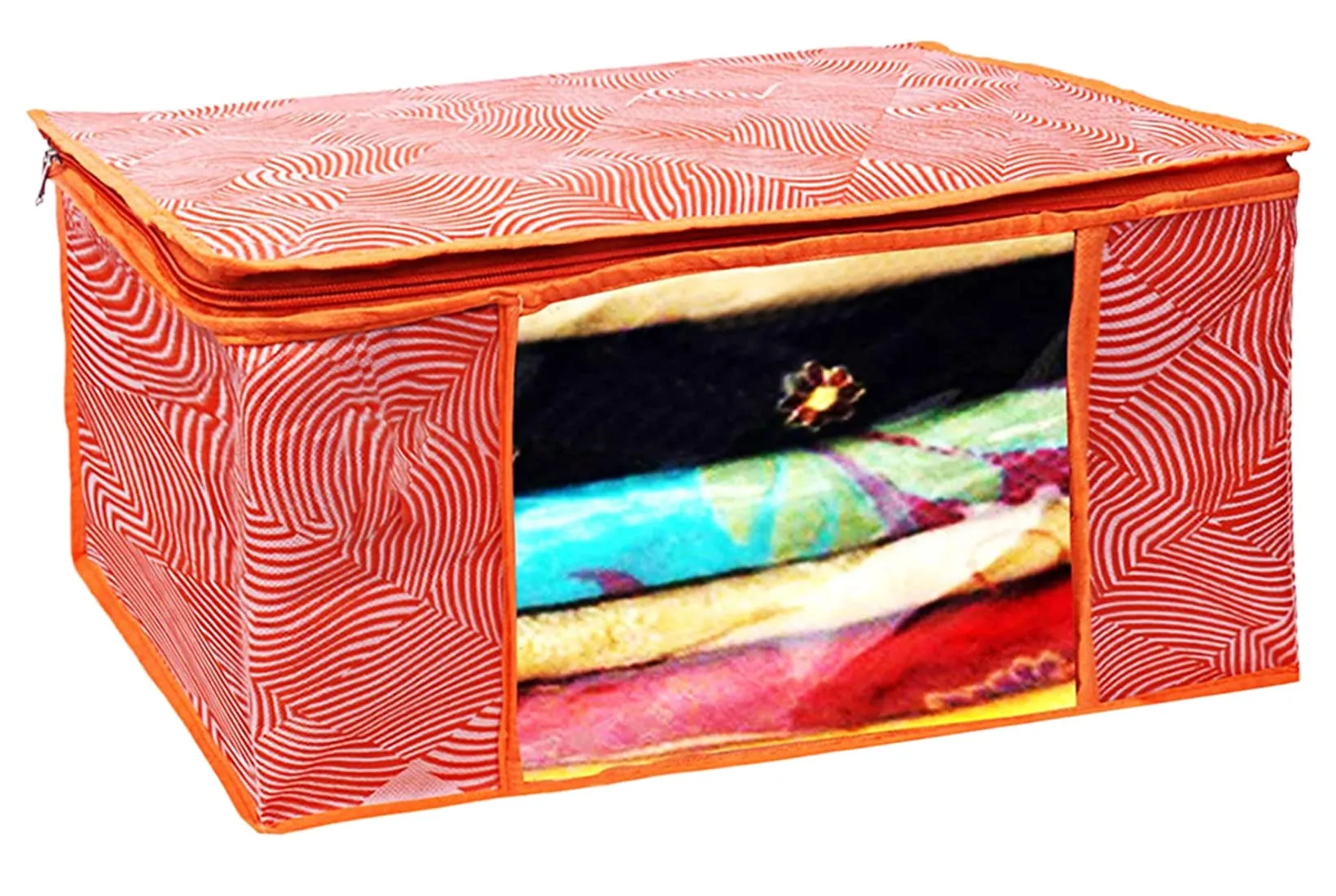 Heart Home Lahariya Design Non-woven Sarees, Clothes Cover/Organizer With Transparent Window- Pack of 6 (Orange)-44HH0380