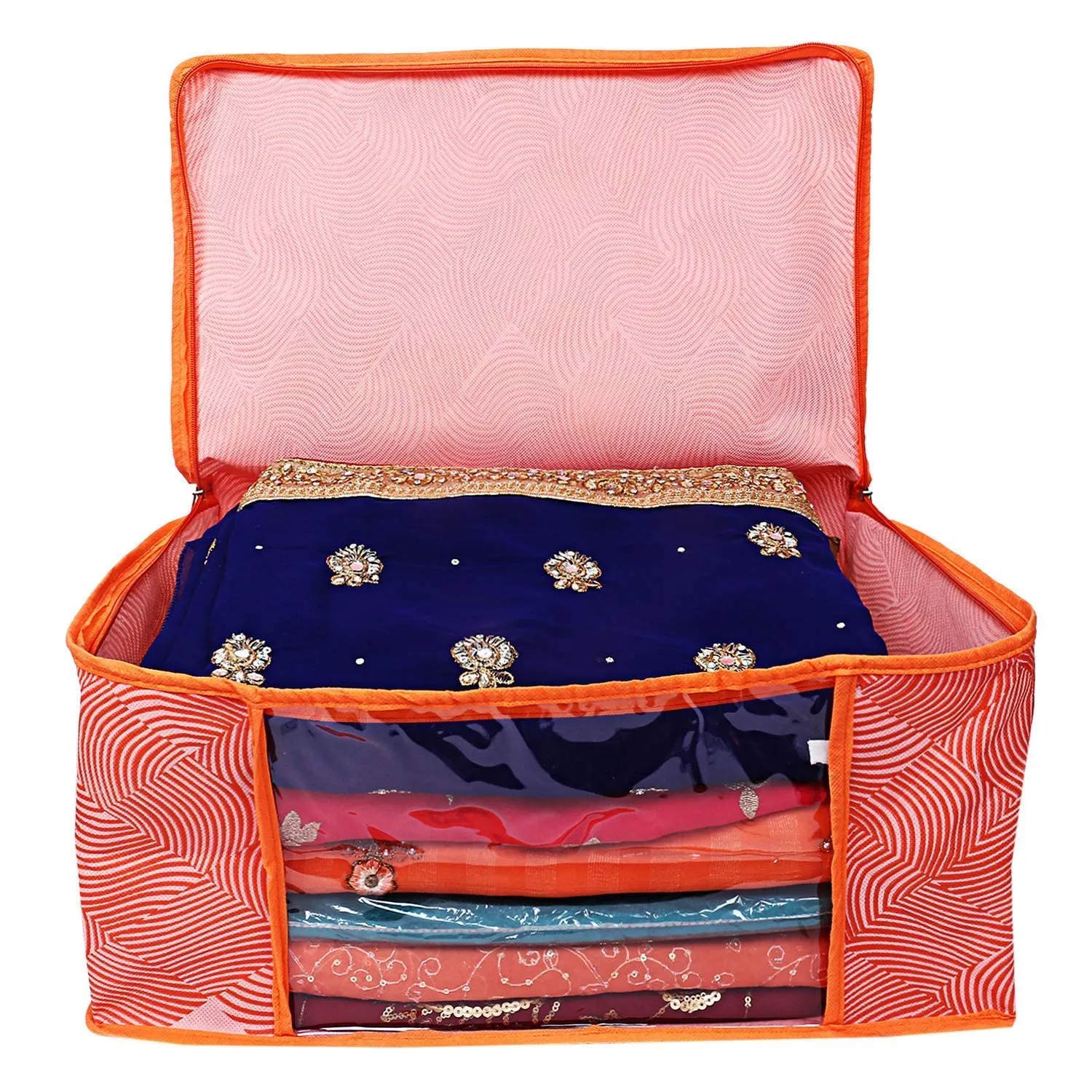 Heart Home Lahariya Design Non-woven Sarees, Clothes Cover/Organizer With Transparent Window- Pack of 6 (Orange)-44HH0380