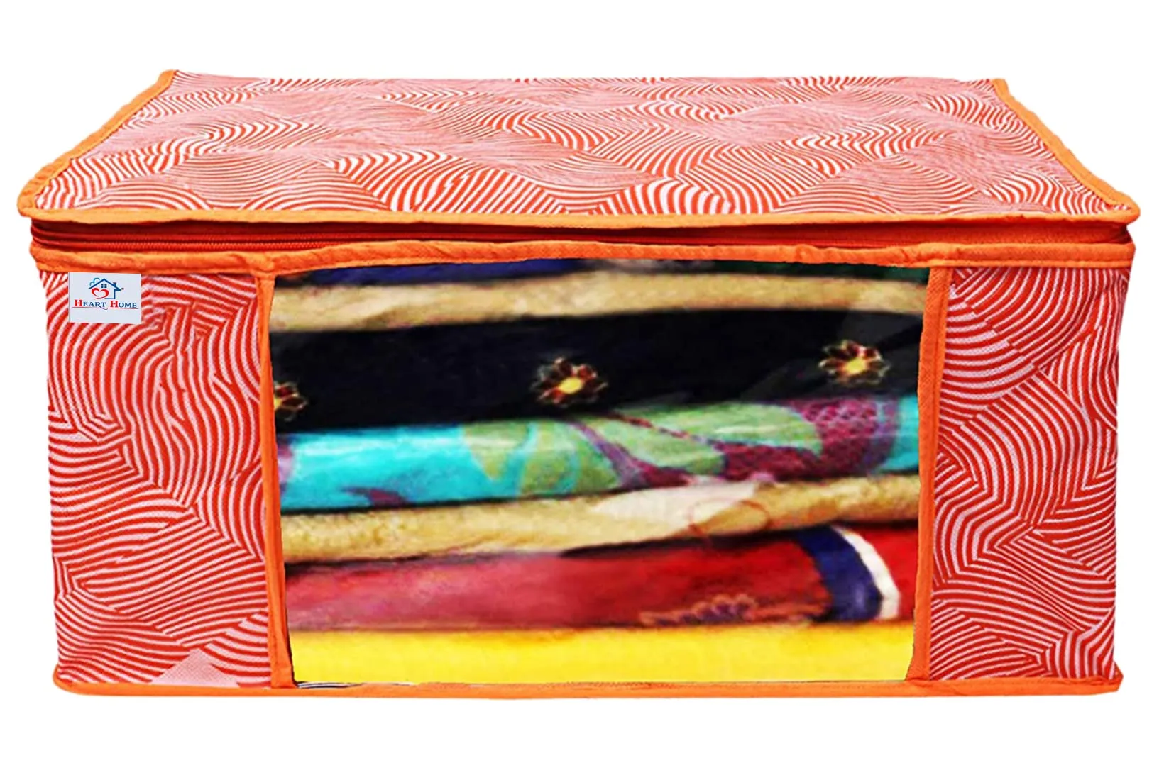 Heart Home Lahariya Design Non-woven Sarees, Clothes Cover/Organizer With Transparent Window- Pack of 6 (Orange)-44HH0380