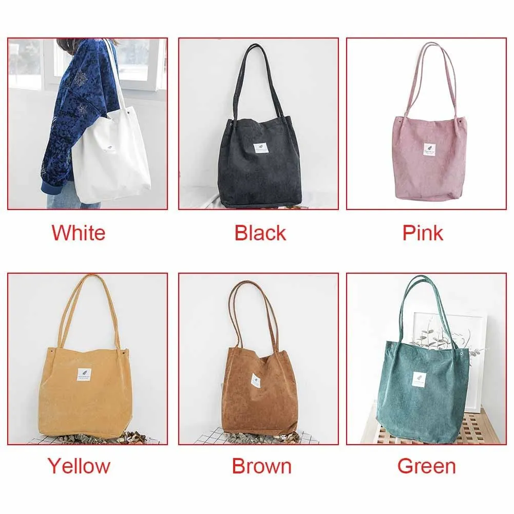 High Capacity Women Corduroy Tote Ladies Casual Shoulder Bag Foldable Reusable Shopping Beach Bag