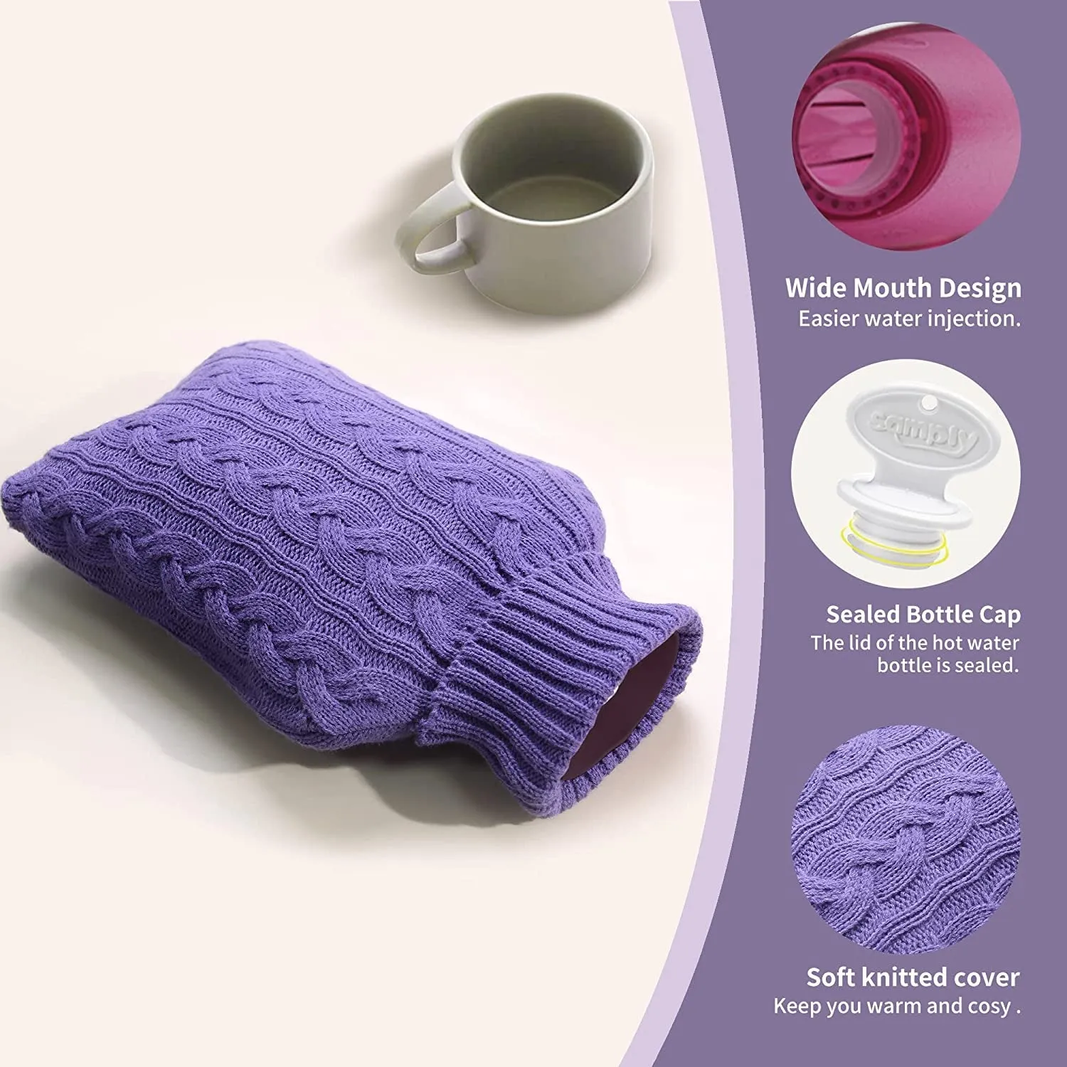 Hot Water Bottle with Knitted Cover, 2L Hot Water Bag for Hot and Cold Compress, Hand Feet Warmer, Ideal for Menstrual Cramps, Neck and Shoulder Pain Relief, Transparent Purple