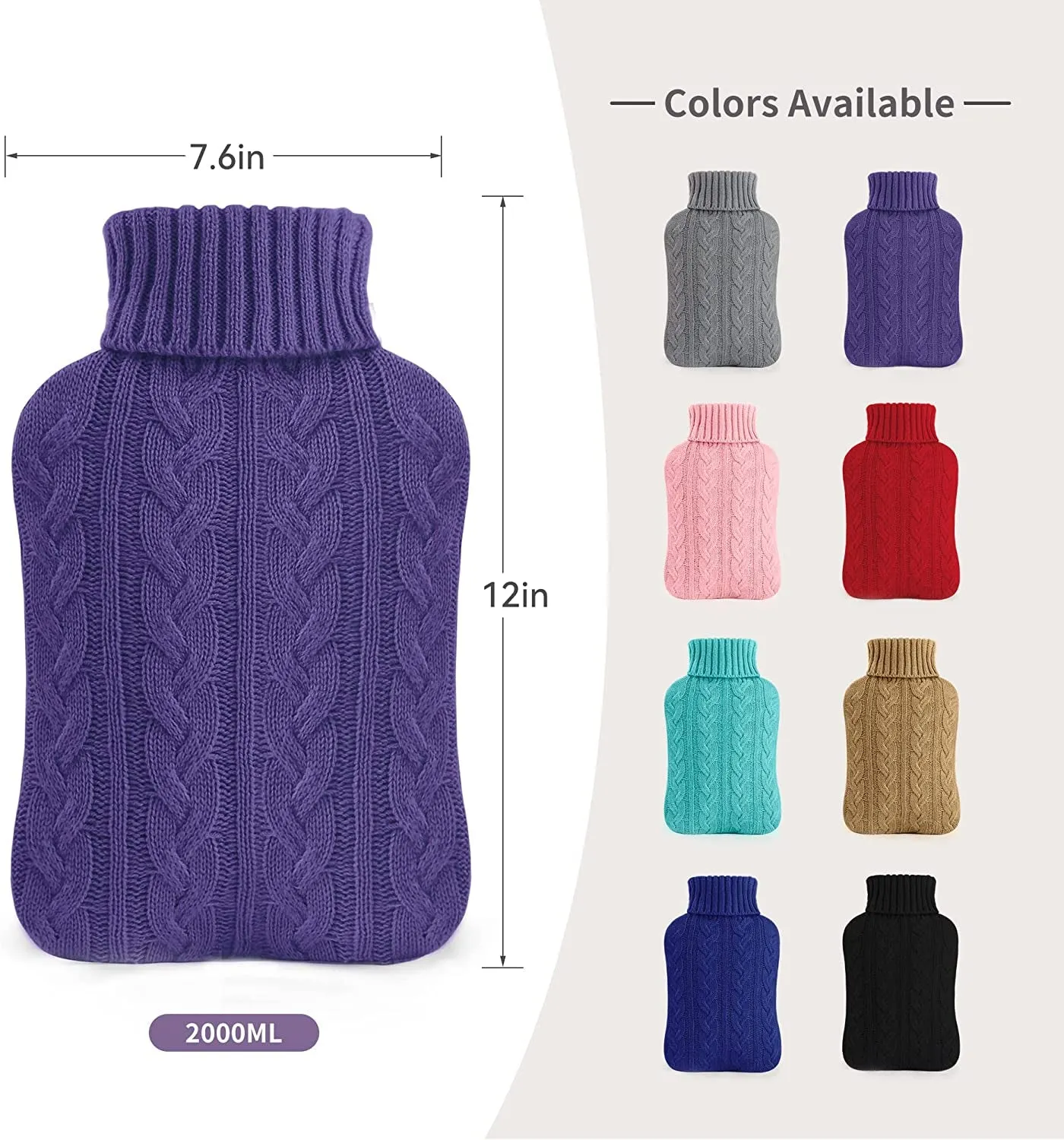 Hot Water Bottle with Knitted Cover, 2L Hot Water Bag for Hot and Cold Compress, Hand Feet Warmer, Ideal for Menstrual Cramps, Neck and Shoulder Pain Relief, Transparent Purple