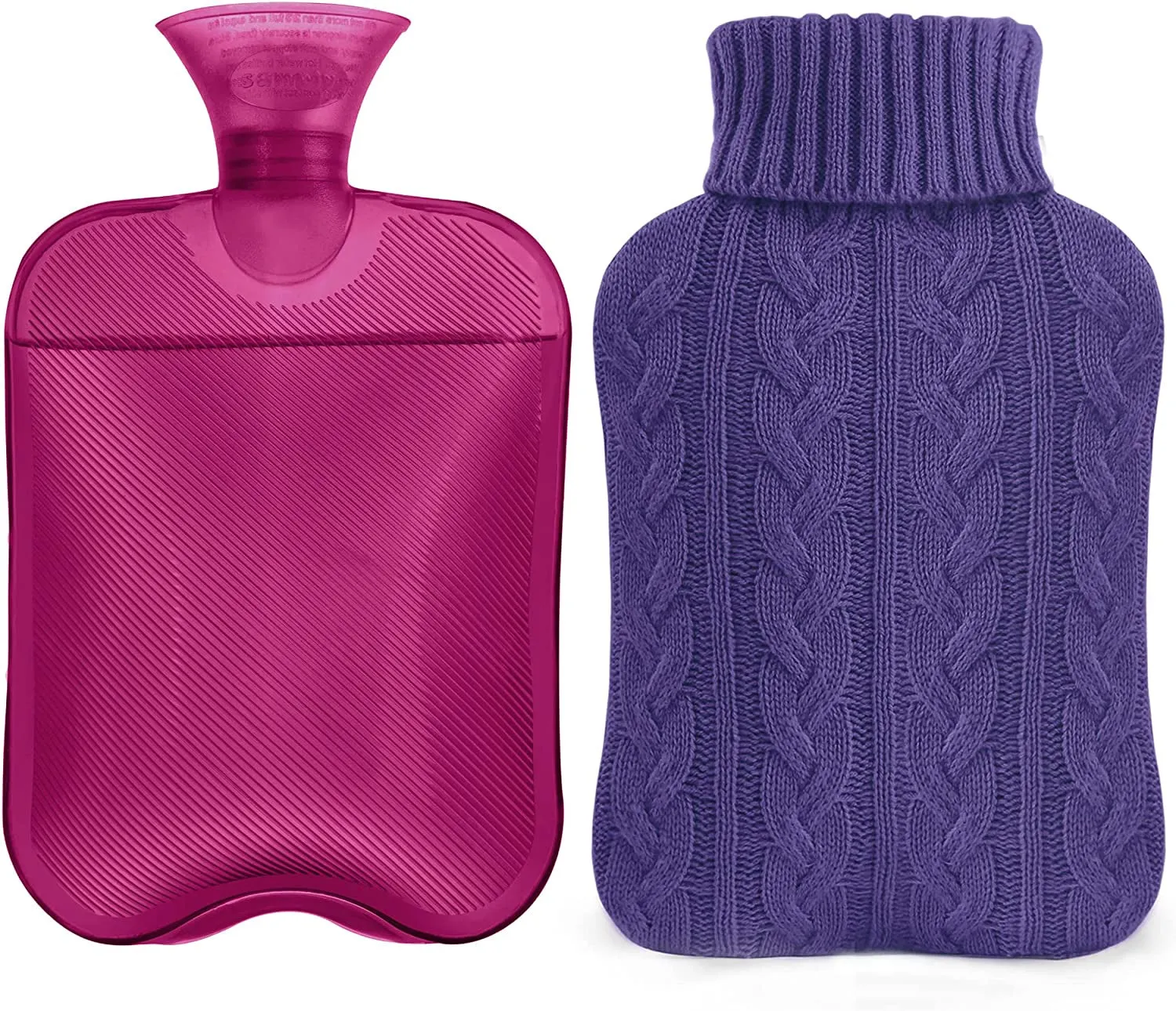 Hot Water Bottle with Knitted Cover, 2L Hot Water Bag for Hot and Cold Compress, Hand Feet Warmer, Ideal for Menstrual Cramps, Neck and Shoulder Pain Relief, Transparent Purple