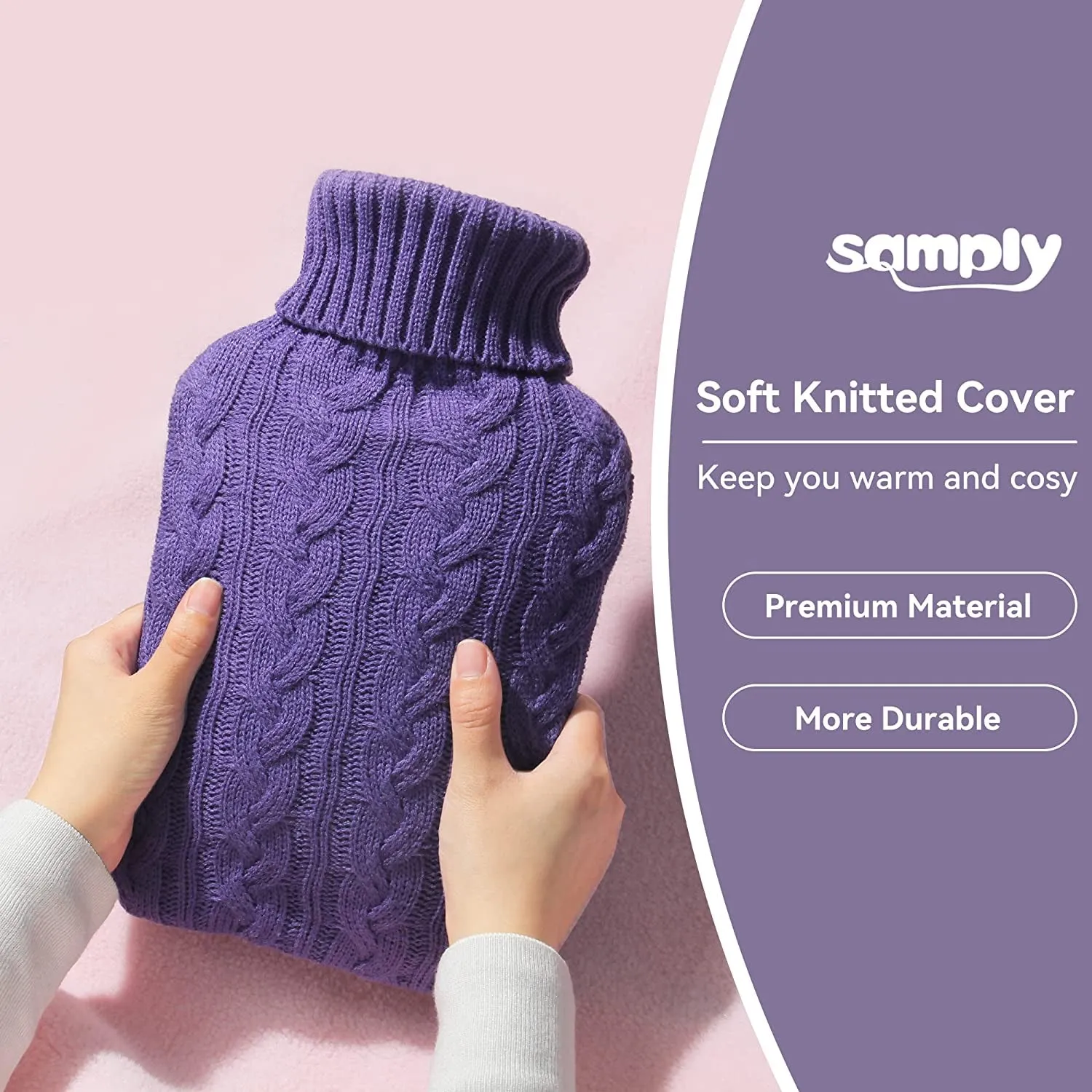 Hot Water Bottle with Knitted Cover, 2L Hot Water Bag for Hot and Cold Compress, Hand Feet Warmer, Ideal for Menstrual Cramps, Neck and Shoulder Pain Relief, Transparent Purple