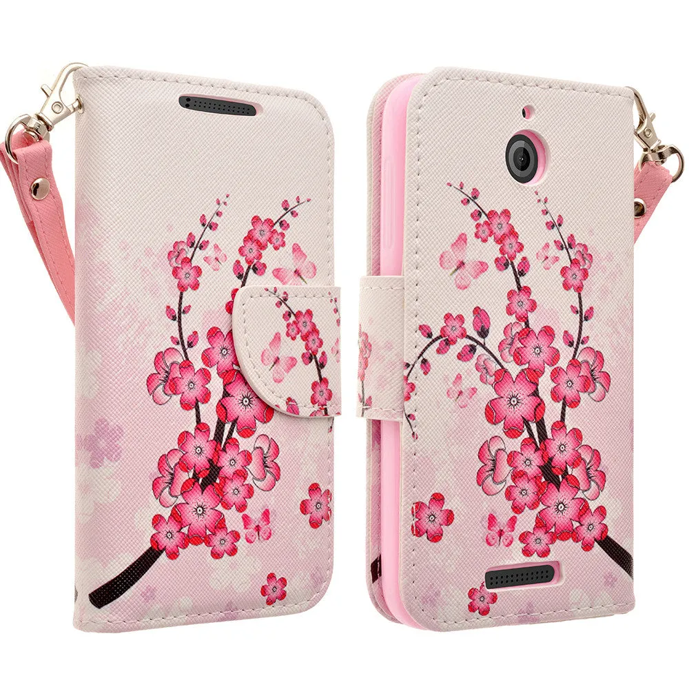 HTC Desire 510 Case, Wrist Strap Magnetic Fold[Kickstand] Pu Leather Wallet Case with ID & Credit Card Slots for HTC Desire 510 - Cherry Blossom