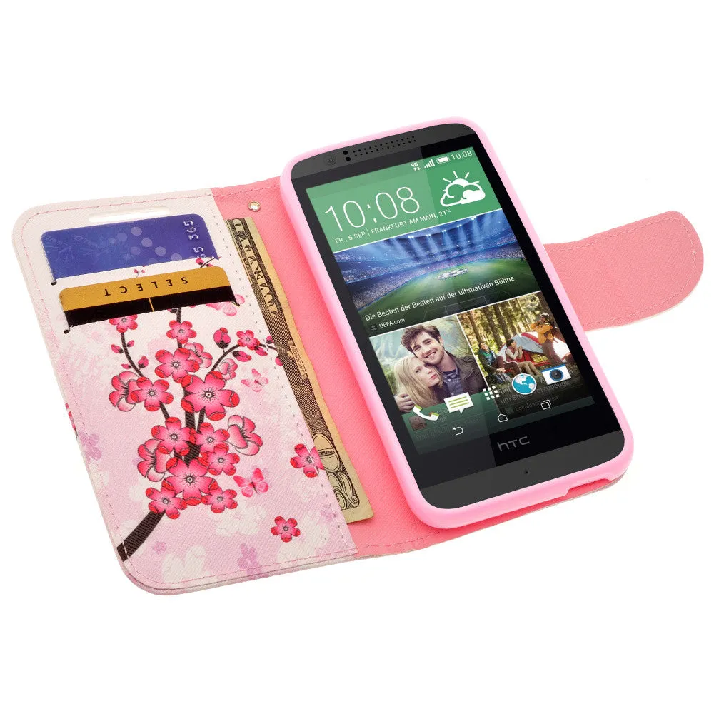 HTC Desire 510 Case, Wrist Strap Magnetic Fold[Kickstand] Pu Leather Wallet Case with ID & Credit Card Slots for HTC Desire 510 - Cherry Blossom