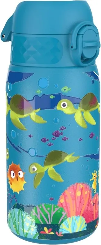 Ion8 Kids Water Bottle, Steel 400 ml/13 oz, Leak Proof, Easy to Open, Secure Lock, Dishwasher Safe, Flip Cover, Carry Handle, Easy Clean Turtle Design