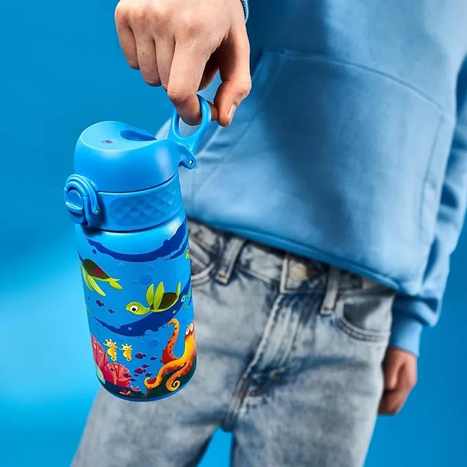 Ion8 Kids Water Bottle, Steel 400 ml/13 oz, Leak Proof, Easy to Open, Secure Lock, Dishwasher Safe, Flip Cover, Carry Handle, Easy Clean Turtle Design