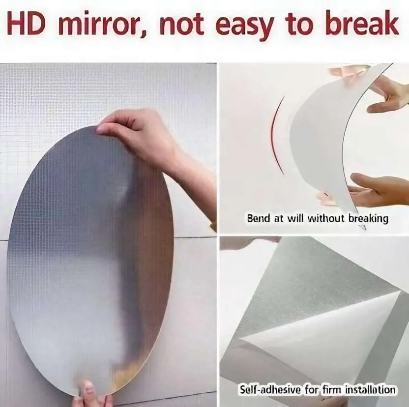 IRQA Oval Shape Adhesive Mirror Sticker for Wall on Tiles Bathroom Bedroom Living Room Basin Mirror Bathroom Wall Mirror Stickers Unbreakable Plastic Vanity Mirror, Makeup Mirror (Style_53