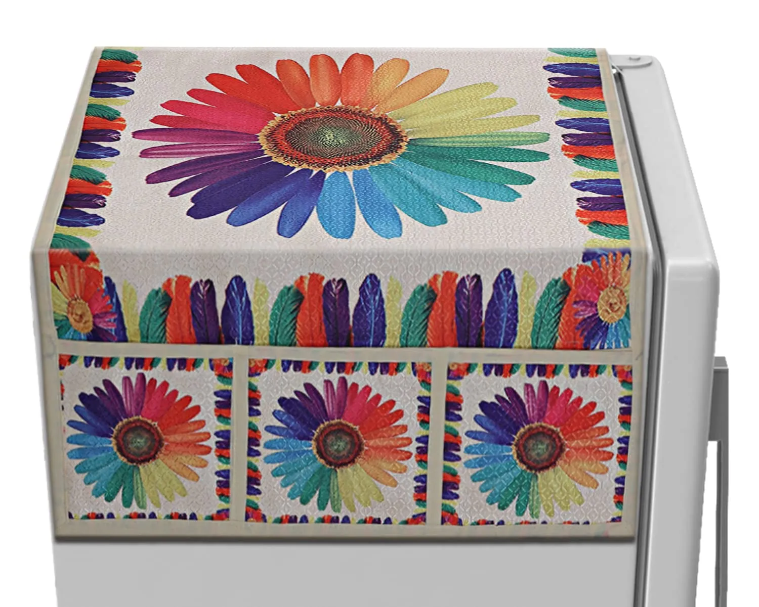 Kuber Industries Flower Printed Polyster Fridge Top Cover, Protect for Scratches, Wear & Tear and Dust with 6 Utility Side Pockets (Multicolor), Standard