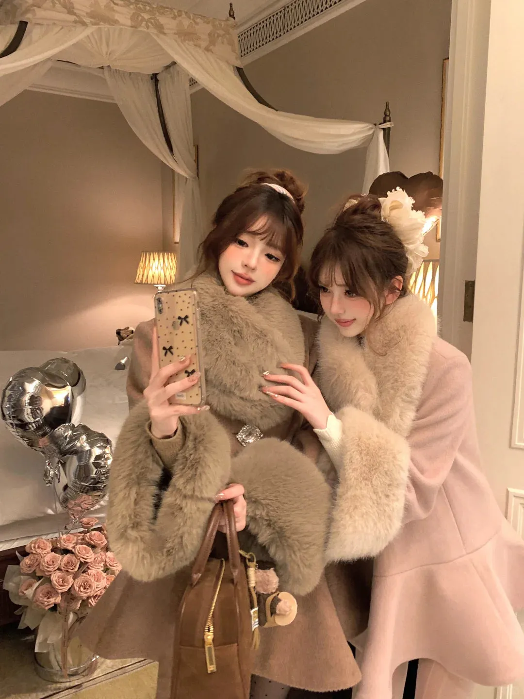 Lazy Girl Thousand Gold Brown Pink Fur Collar Coat