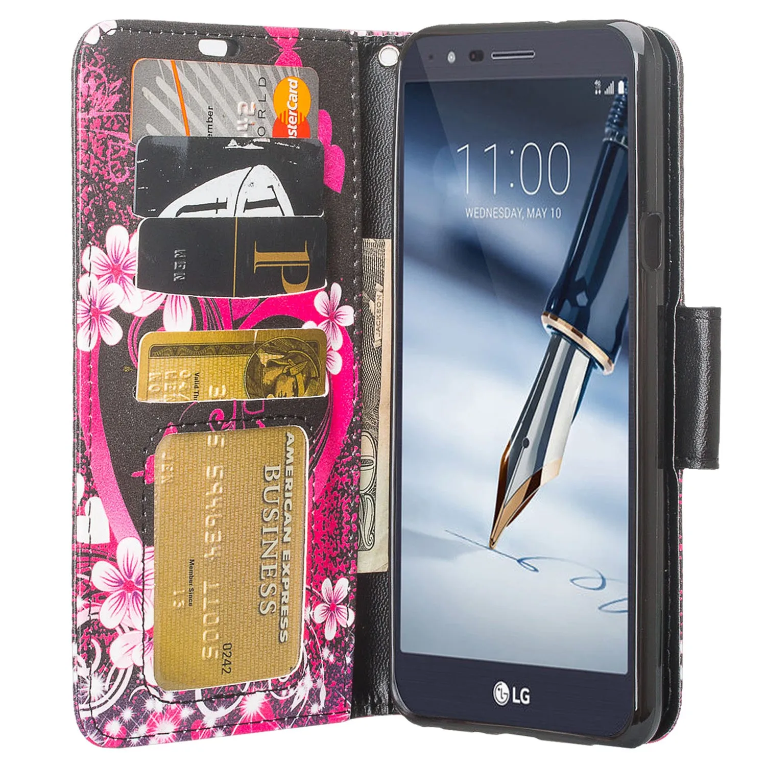 LG Stylo 5 Case, Stylo 5 Wallet Case, Wrist Strap Pu Leather Wallet Case [Kickstand] with ID & Credit Card Slots - Heart Butterflies