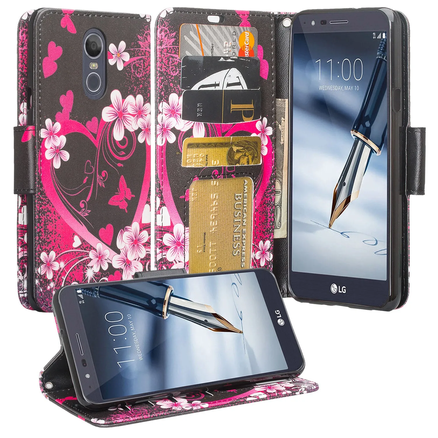 LG Stylo 5 Case, Stylo 5 Wallet Case, Wrist Strap Pu Leather Wallet Case [Kickstand] with ID & Credit Card Slots - Heart Butterflies